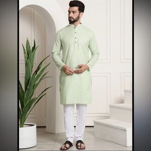 🆕 MEN'S COTTON BLEND CHECKED GREEN KURTA & CHURIDAR PYJAMA SET